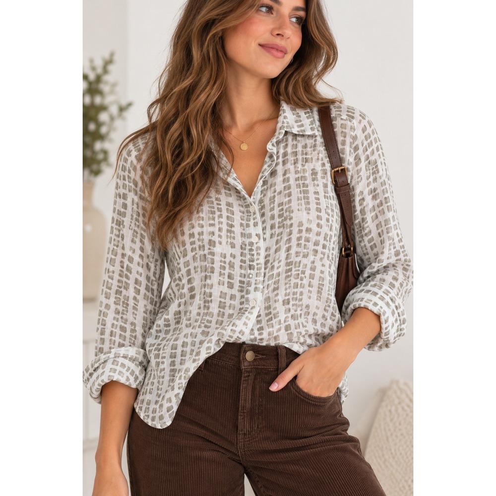 Bella Dahl White Olive Green Grid Print Button Down Long Sleeve Shirt Small